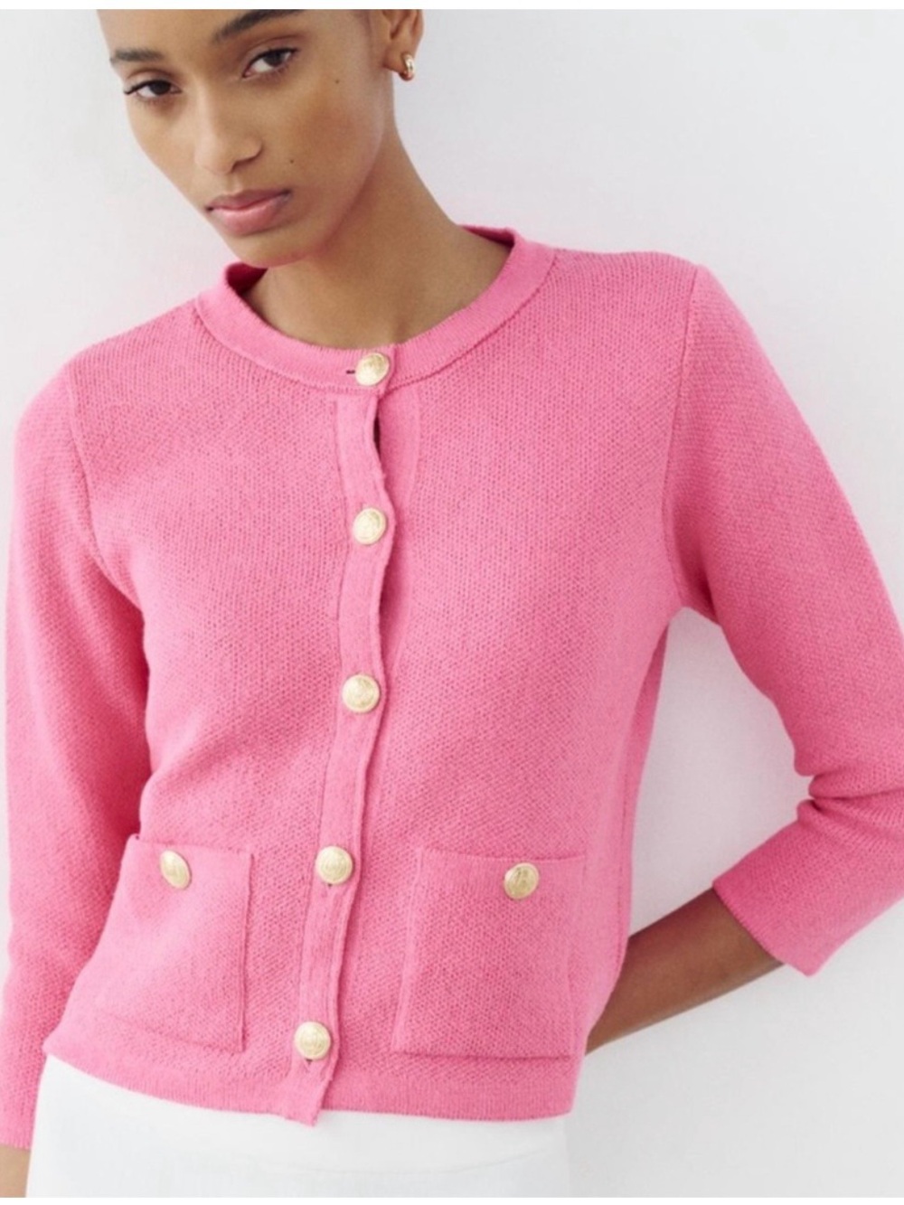 Zara Vibrant Pink Cardigan with Embossed Gold Buttons - Picture 3 of 12
